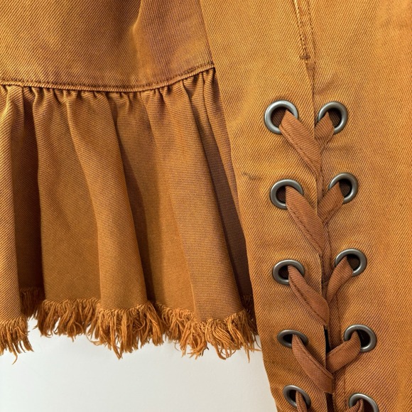 Free People Willow Denim Jacket XS Rust/Brown Lace Up Cuffs Boho Western Forest - Picture 6 of 10